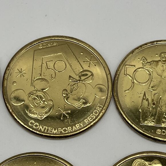 Set of 16 Walt Disney World 50th Anniversary Gold Medallion Coins USED AS IS - Picture 4 of 16